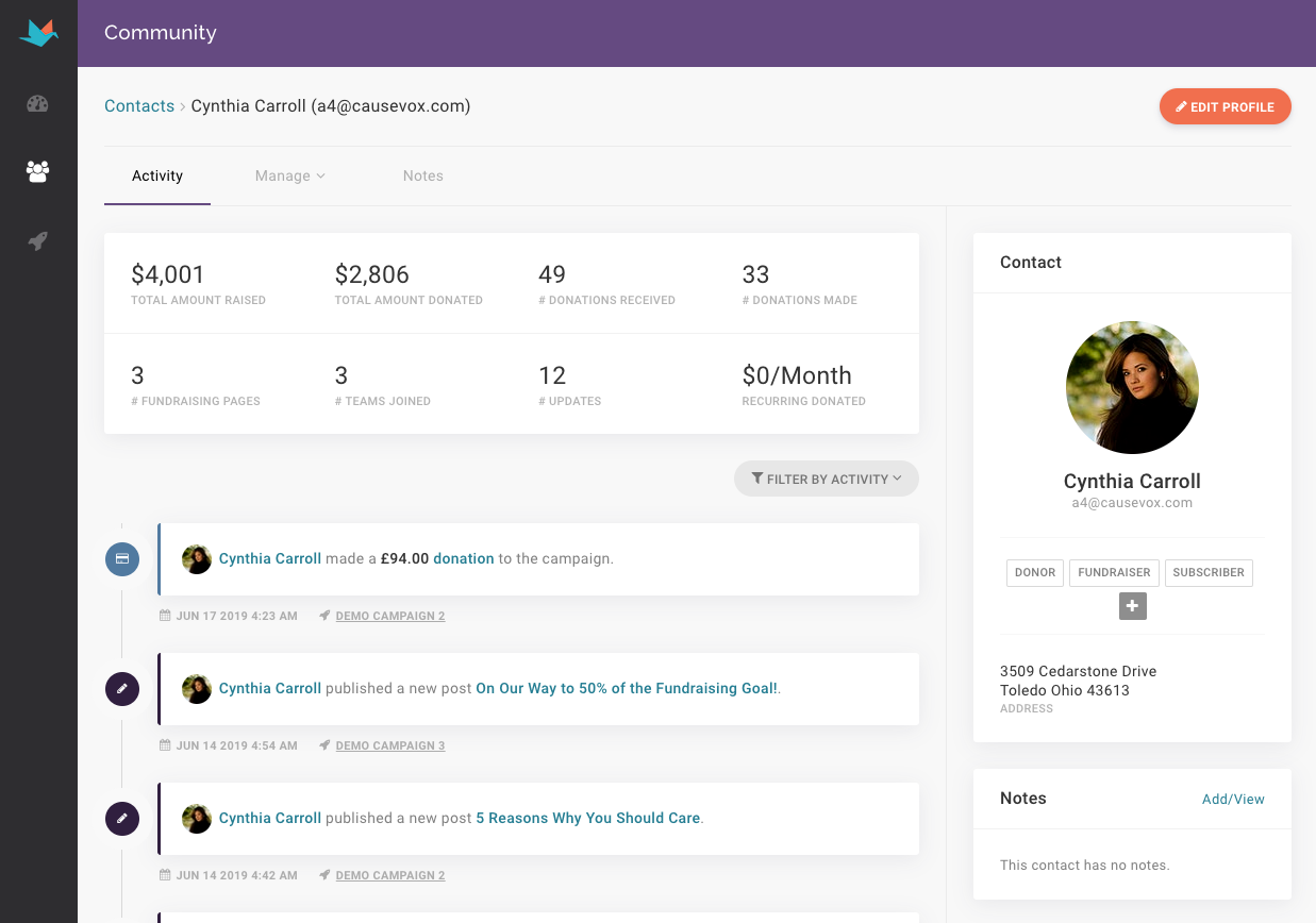 A back-end view of CauseVox showing all of a donor/fundraiser's activity