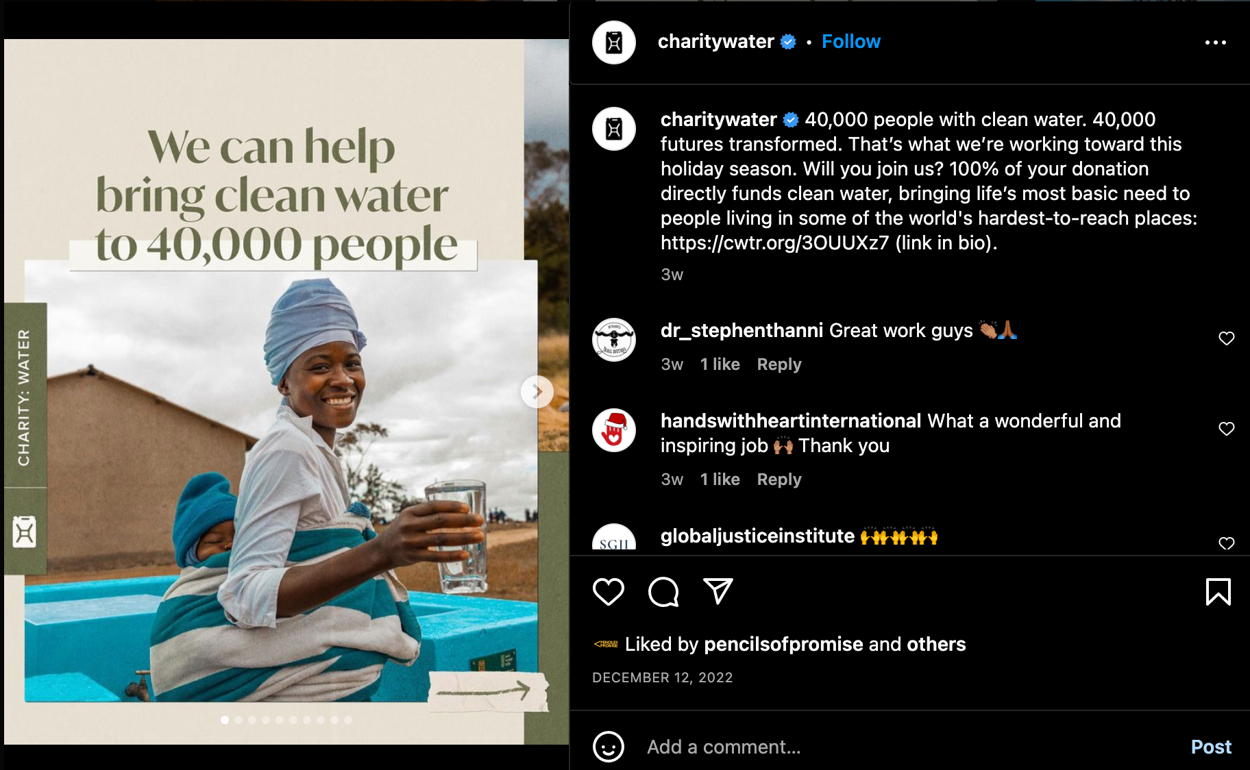 An image of a woman with a baby on her back holding a glass of water and smiling with the text "We can help bring clean water to 40,000 people," in the graphic around it.