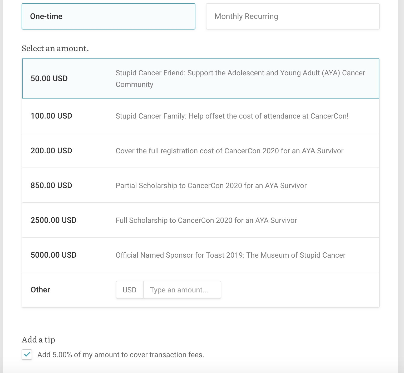 Stupid Cancer's donation tiers for an event. Each tier ties back to supporting the event.