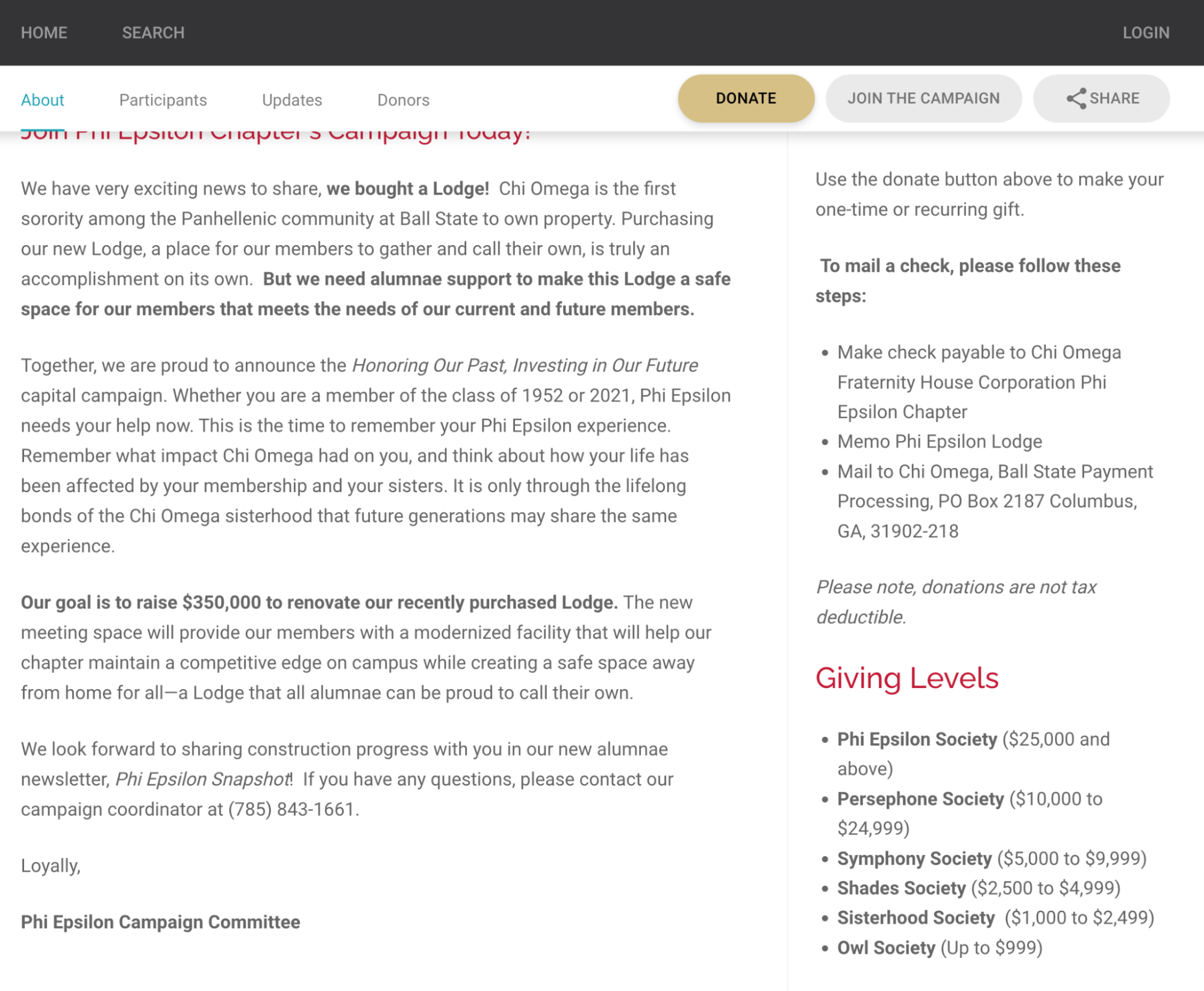 A screenshot of a Capital Campaign for Phi Epsilon. It includes clear goals of what the dollars will be used for (a renovation of a building), as well as proposed giving levels.