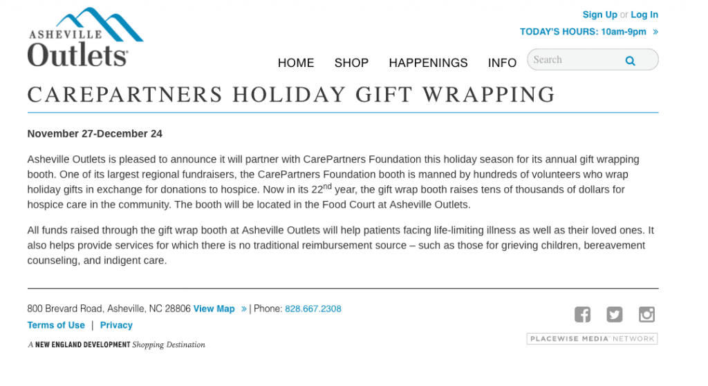 Screenshot of the Asheville Outlets CarePartners Holiday Gift Wrapping program