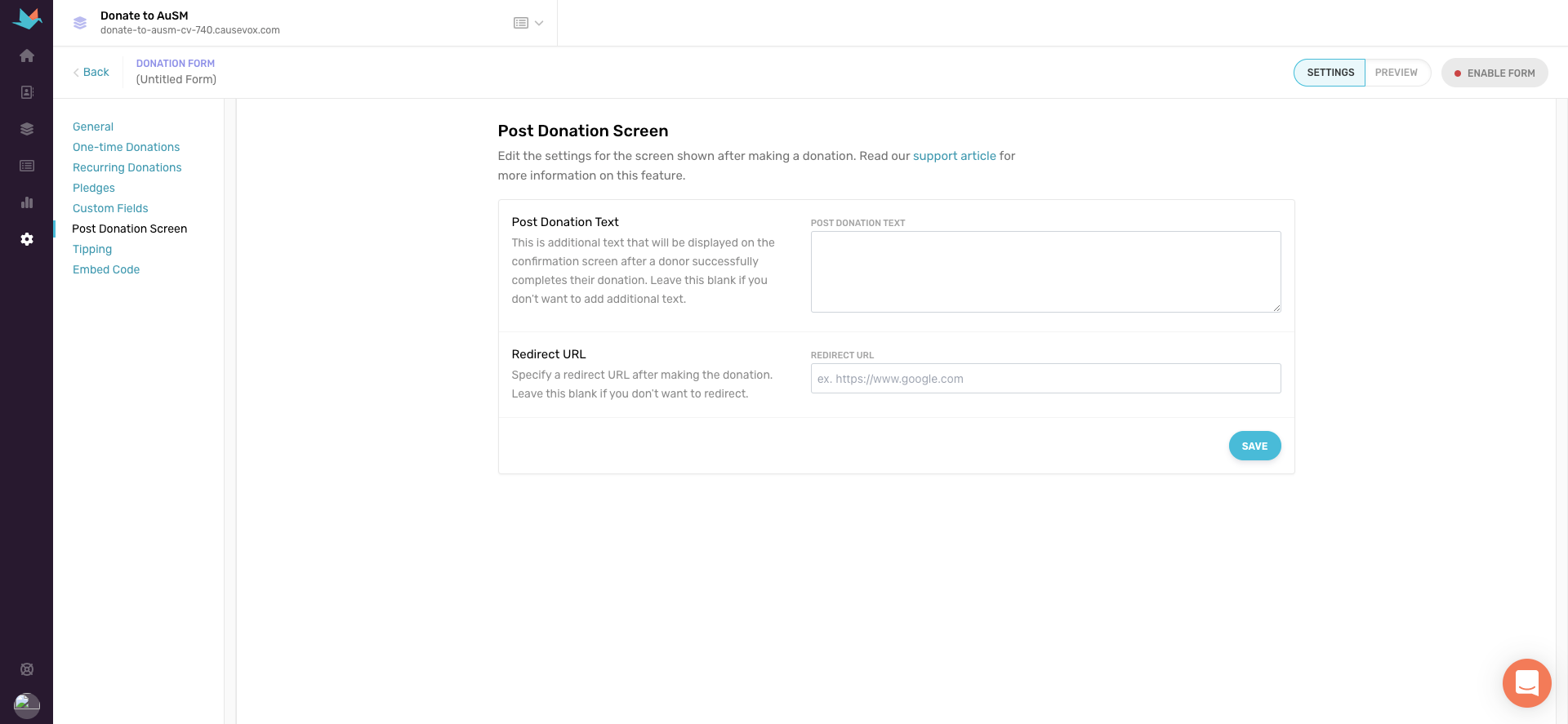 Screenshot of the CauseVox page to set up a post donation screen. Gives you the option to add donation text and a redirect URL.
