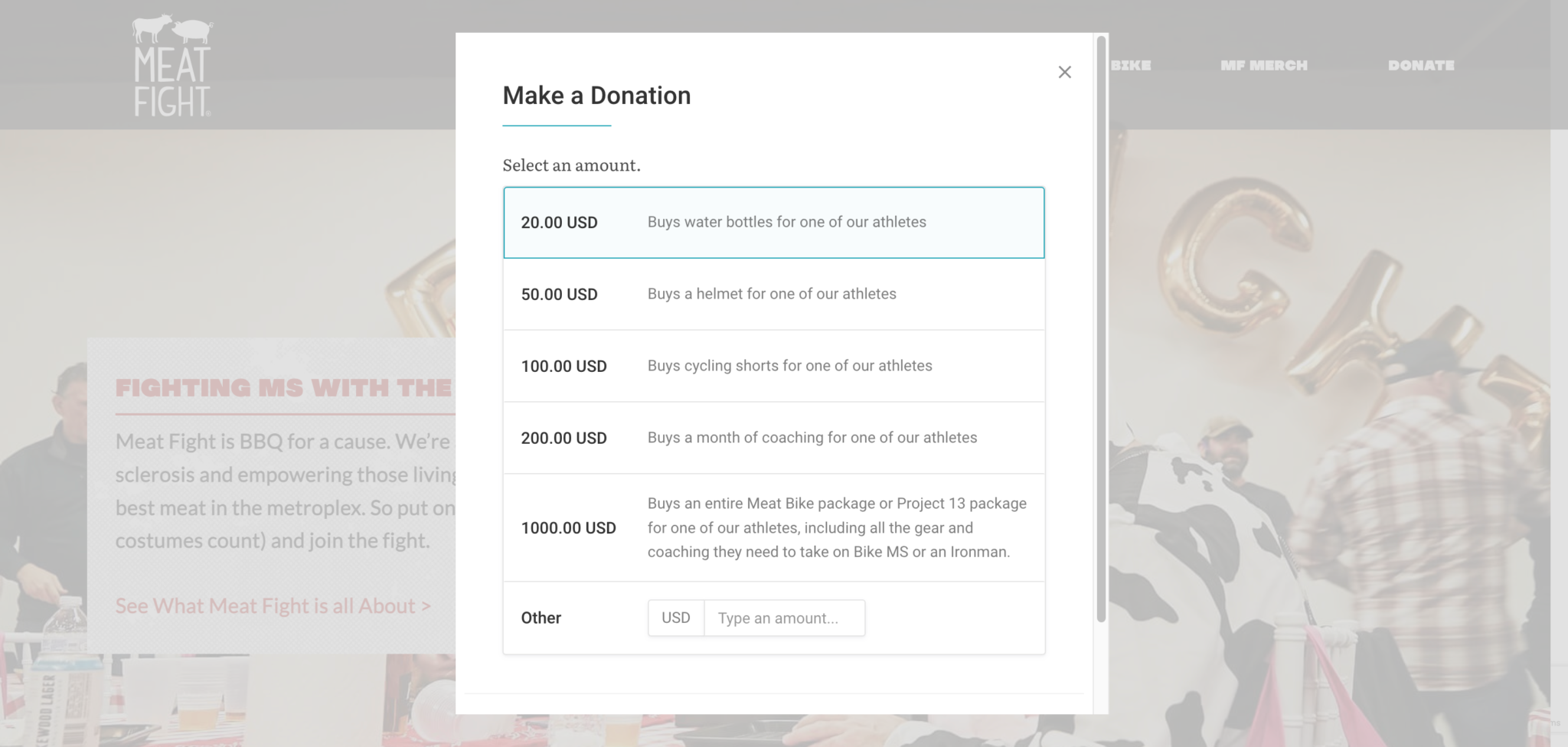 Meat Fight's donation page, featuring a pop up box with multiple donation tiers
