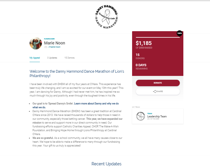 A student's personal fundraising appeal on CauseVox