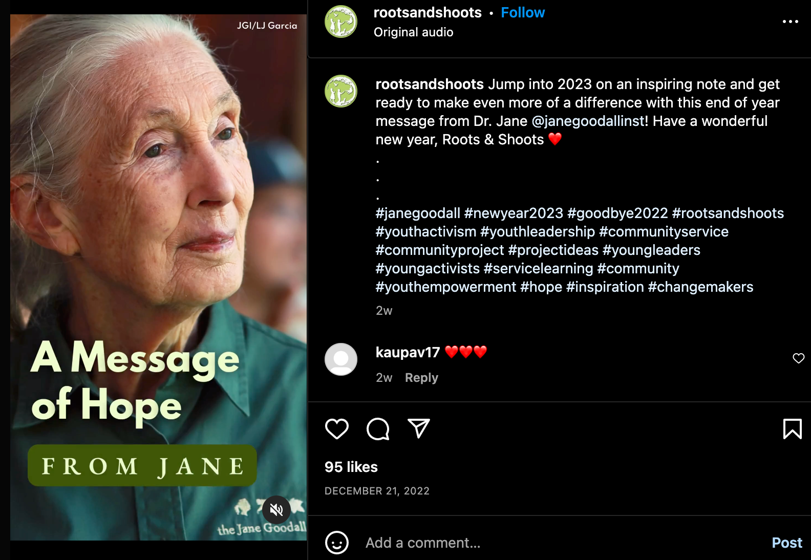 A screenshot of a video from Roots and Shoots with an image of Jane Goodall and the title "A message of hope from Jane."