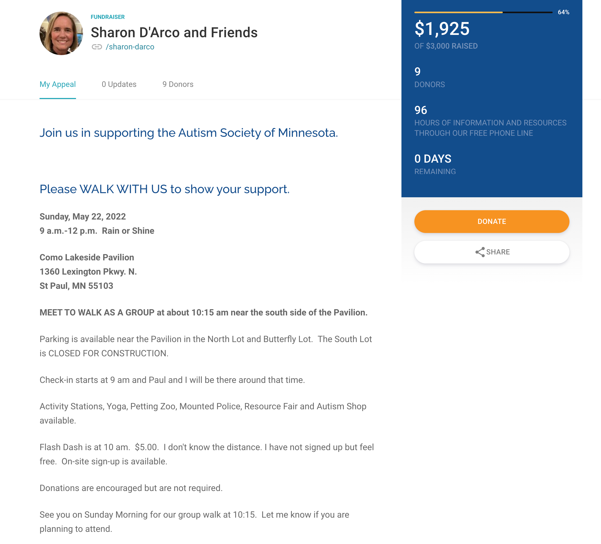 A screenshot of an individual's fundraiser page for Steps for Autism, which includes custom text about joining the fundraiser at the walk.