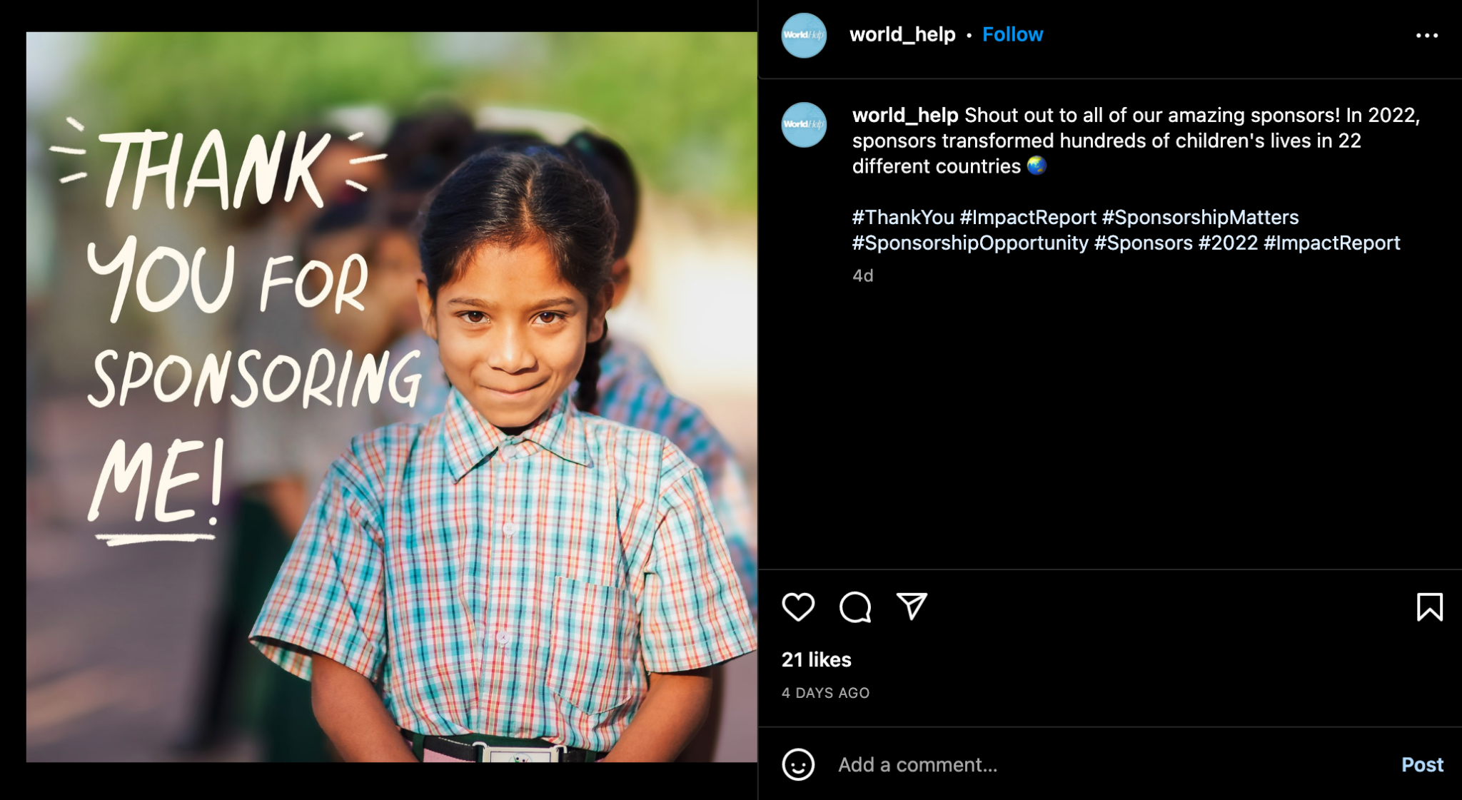 A screenshot of a post from World Help with a photo of a smiling young girl and the text "Thank you for sponsoring me!"