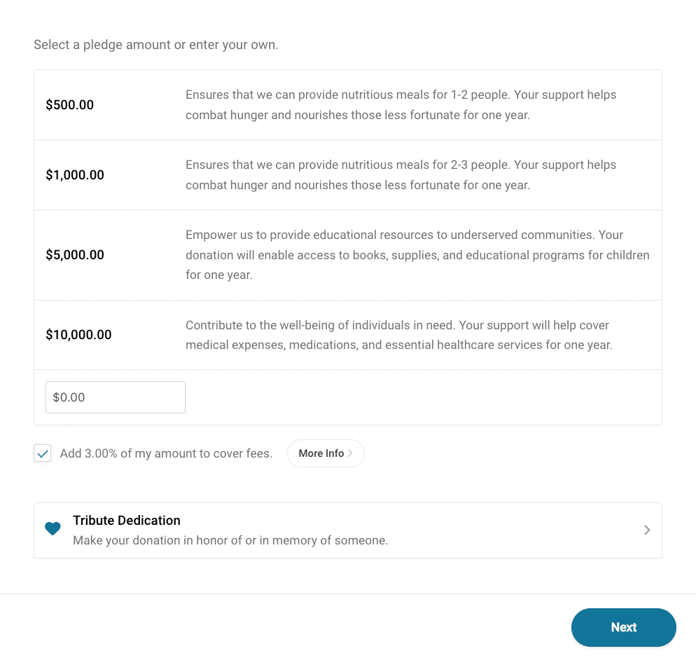 pledge donation tiers