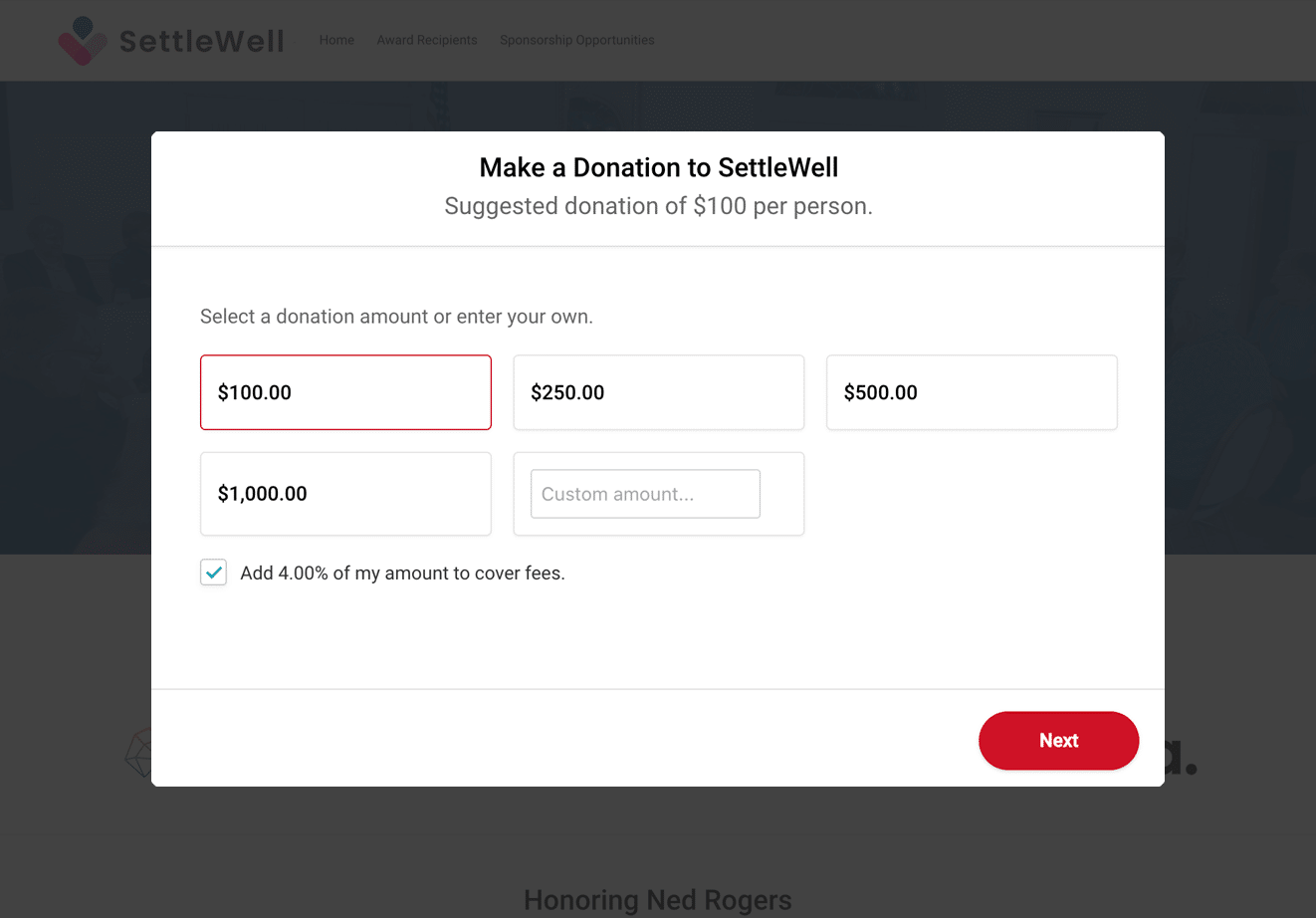 seated fundraising event donation form